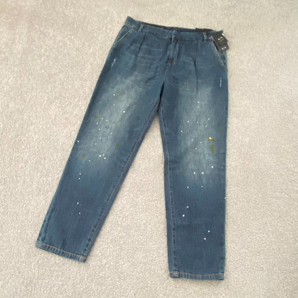 👖NWT👖 A/X Armani Exchange Boyfriend Jeans Sz 8 High Rise Paint Splatters